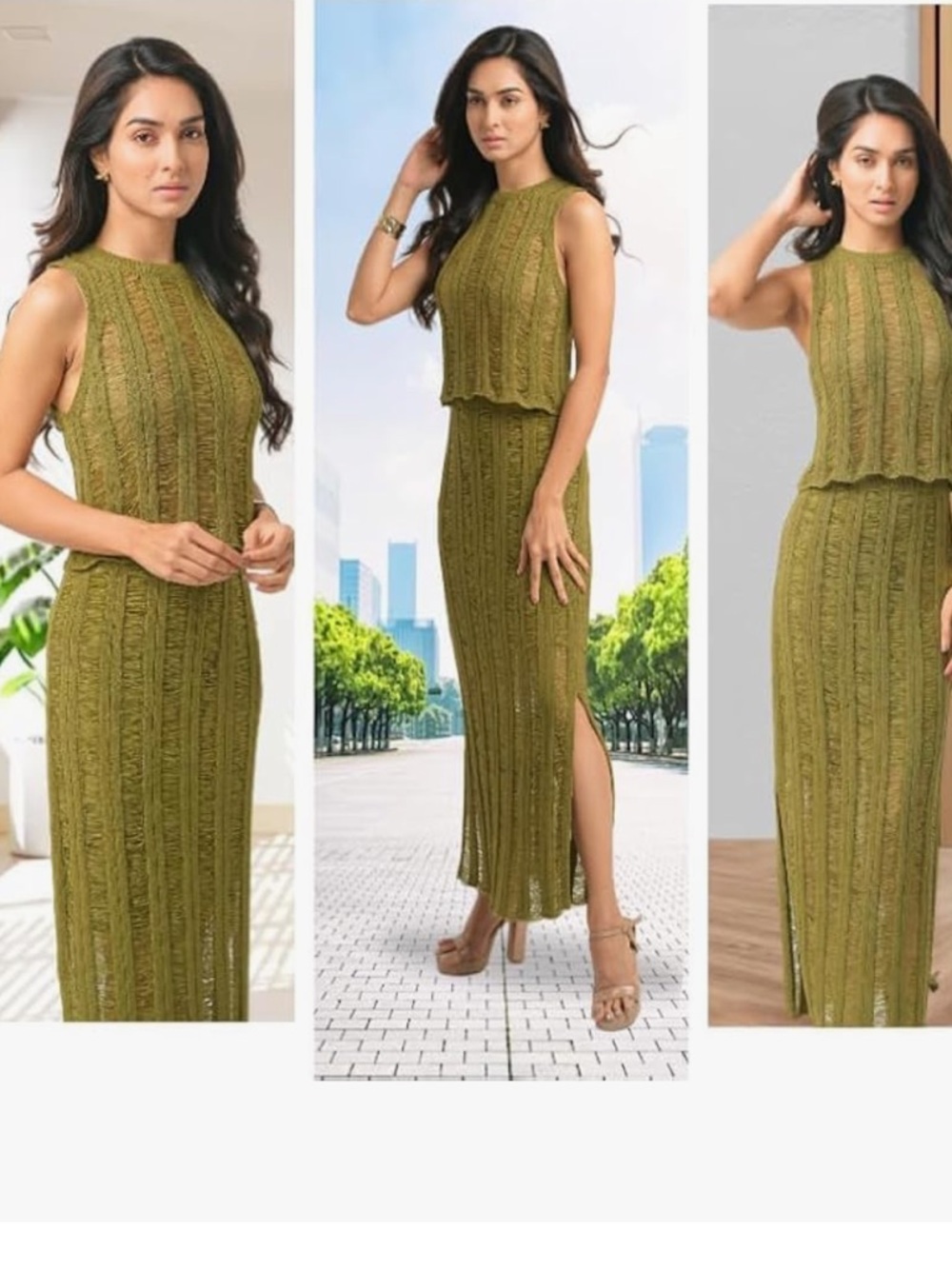 Noelle Olive Green Knit Top and skirt set with Distressed Detail